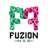 Logo with green and pink stylized letters 'F' and 'A' above the text 'FUZION MAS'.